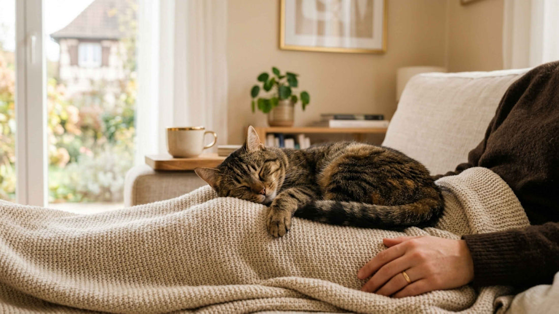 Chat tigré endormi paisiblement sur les genoux de son propriétaire sous un plaid beige — Les Trésors d'Owka
