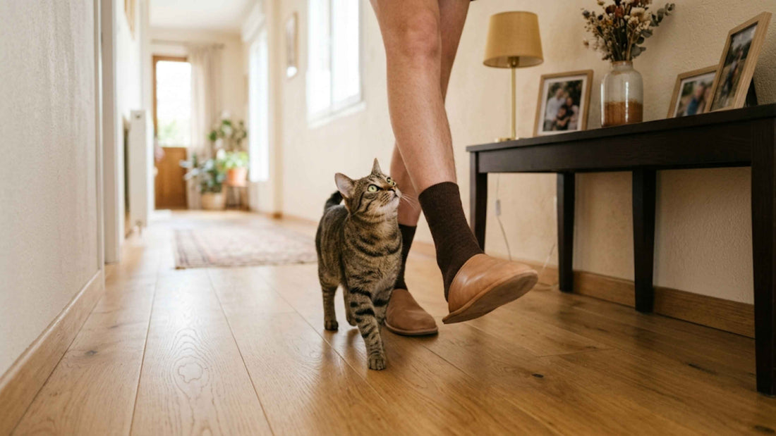 Chat tigré suivant de près son propriétaire dans un couloir lumineux — Les Trésors d'Owka
