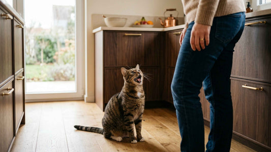 Chat tigré miaulant en levant les yeux vers son humain dans la cuisine — Les Trésors d'Owka