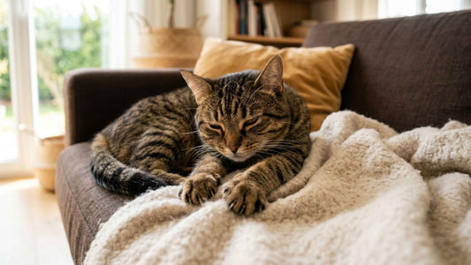 Chat tigré pétrissant une couverture beige les yeux mi-clos sur un canapé — Les Trésors d'Owka