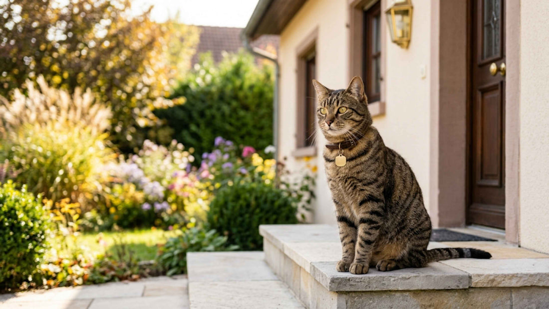 Chat tigré au collier assis fièrement sur le seuil de la maison — Les Trésors d'Owka