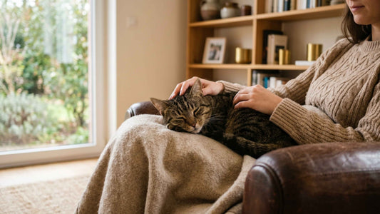Chat tigré ronronnant lové et détendu sur les genoux de son humain — Les Trésors d'Owka