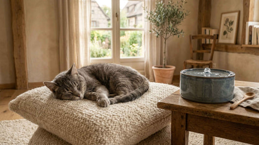 Chat senior au repos près d'une fontaine à eau pour soutenir sa fonction rénale, Les Trésors d'Owka