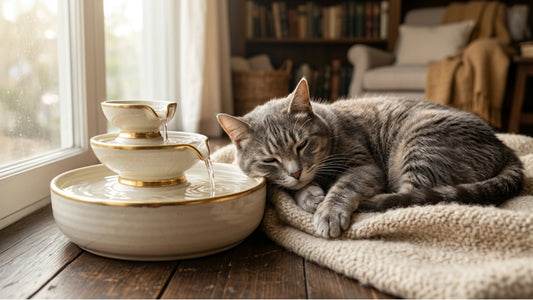 Chat tigré gris senior au repos près d'une fontaine à eau, prévention rénale — Les Trésors d'Owka
