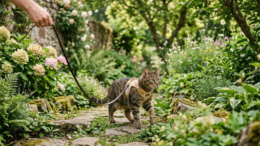 Chat tigré en harnais explorant un jardin calme en laisse — Les Trésors d'Owka