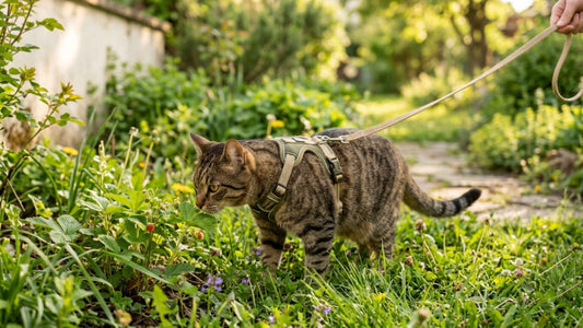 Chat en harnais explorant un jardin en laisse lors d'une promenade encadrée, Les Trésors d'Owka