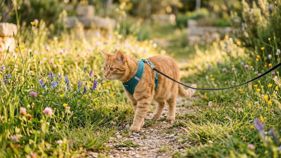 Chat roux portant un harnais anti-fugue vert lors d'une promenade en laisse dans un jardin fleuri au printemps
