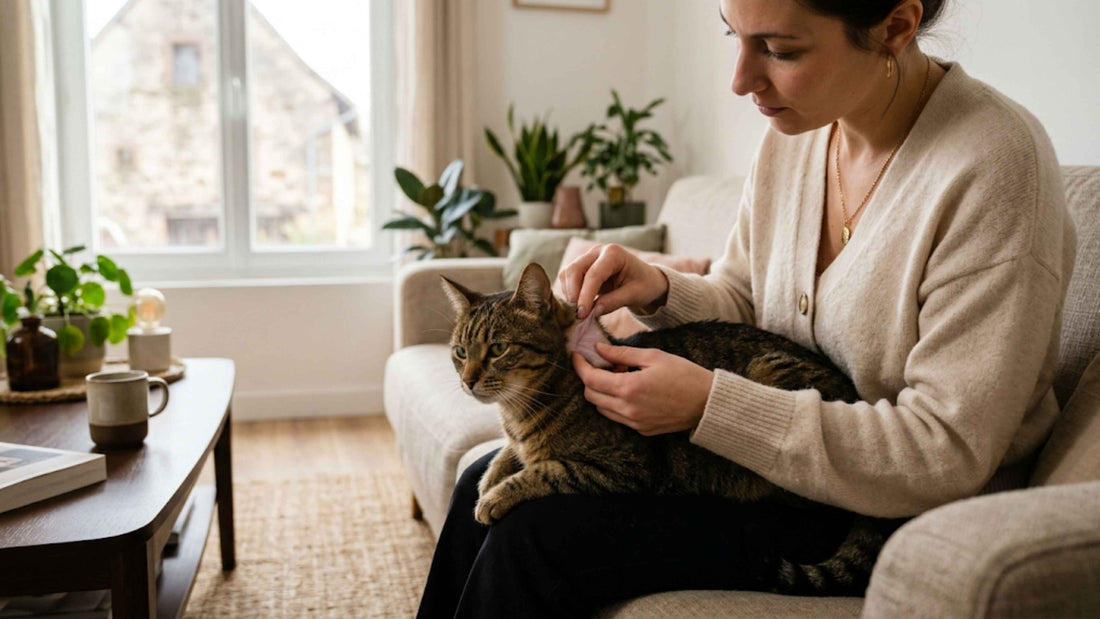 Propriétaire écartant délicatement les poils de la nuque d'un chat tigré pour l'inspecter — Les Trésors d'Owka
