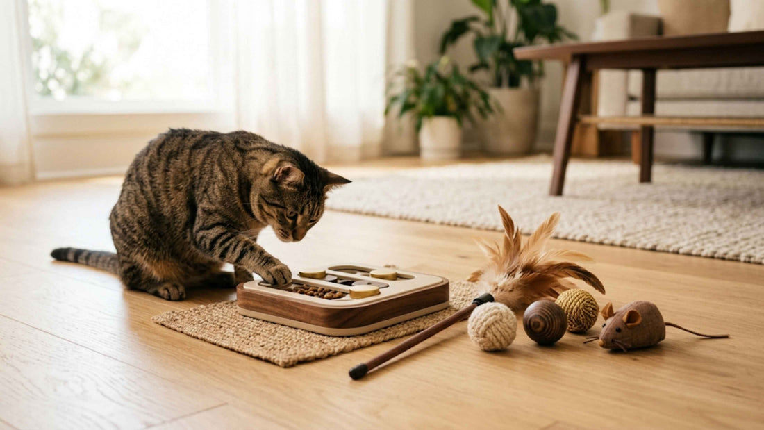 Assortiment de jouets pour chat inspecté par un chat tigré curieux — Les Trésors d'Owka