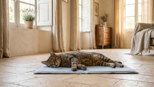Chat allongé au frais sur un tapis rafraîchissant près d'une fenêtre ombragée en été, Les Trésors d'Owka