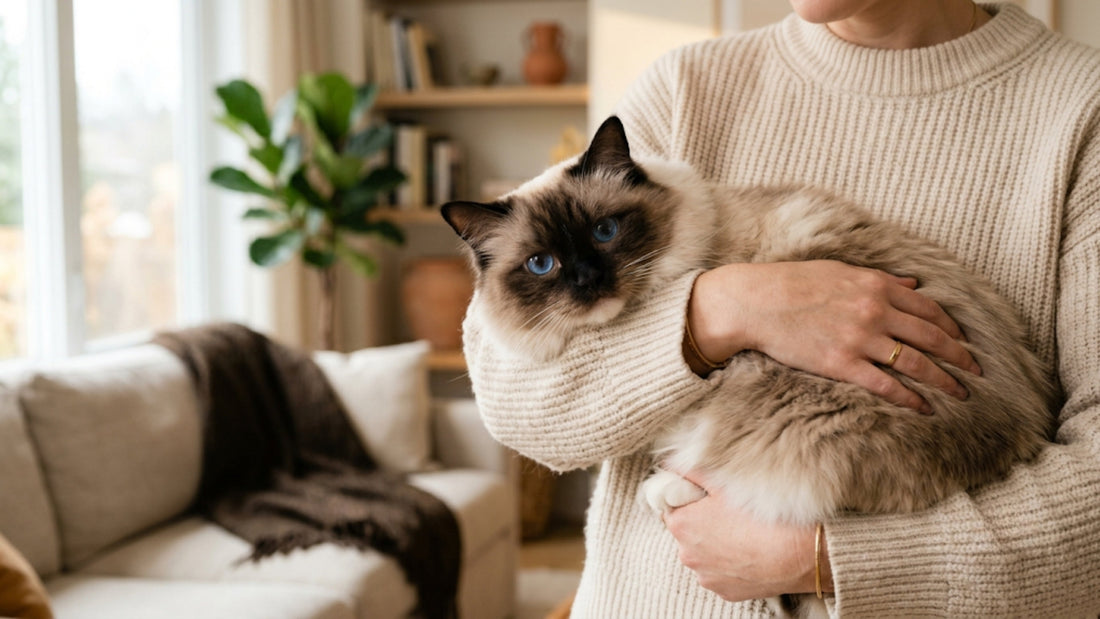 Chat Ragdoll aux yeux bleus détendu dans les bras, docile et confiant — Les Trésors d'Owka