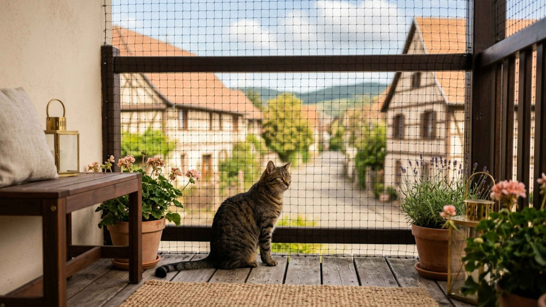Chat tigré observant l'extérieur en sécurité derrière un filet de protection de balcon — Les Trésors d'Owka