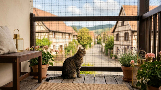 Chat tigré observant l'extérieur en sécurité derrière un filet de protection de balcon — Les Trésors d'Owka