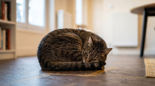 Chat tigré roulé en boule serrée, signe qu'il a froid - Les Trésors d'Owka