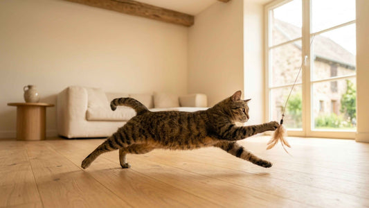 Chat au poids de forme jouant activement pour rester en bonne santé, Les Trésors d'Owka