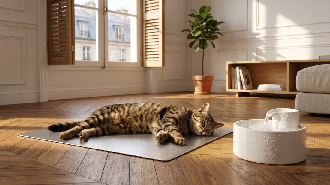 Tapis rafraîchissant pour chat en aluminium avec fontaine céramique pendant la canicule — Les Trésors d'Owka