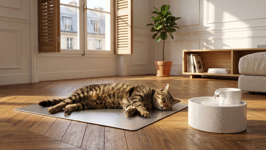 Tapis rafraîchissant pour chat en aluminium avec fontaine céramique pendant la canicule — Les Trésors d'Owka