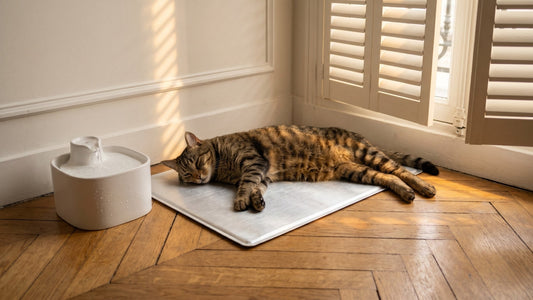 Tapis rafraîchissant pour chat en aluminium avec fontaine céramique — comparatif gel, aluminium et eau — Les Trésors d'Owka