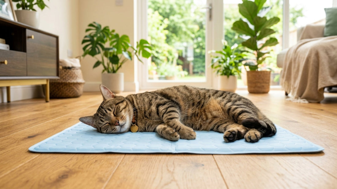 Chat tigré brun détendu allongé sur un tapis rafraîchissant en été — Les Trésors d'Owka