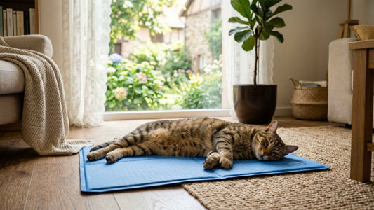 Chat tigré détendu allongé sur un tapis rafraîchissant en été — Les Trésors d'Owka