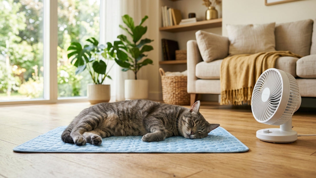Chat tigré gris allongé sur un tapis rafraîchissant à côté d'un ventilateur en été — Les Trésors d'Owka