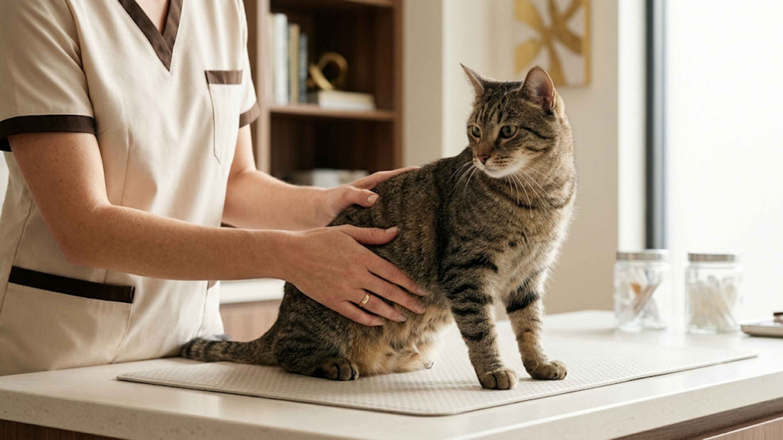 Chat tigré en bonne santé examiné avec douceur lors d'un contrôle de routine — Les Trésors d'Owka