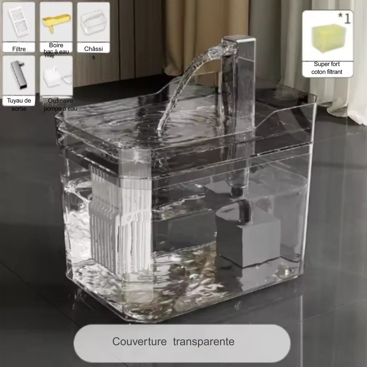 Fontaine à Eau pour Chat Transparente avec Filtre (1.5L)