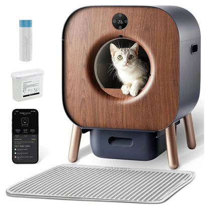 image de la Litière Autonettoyante Intelligente pour Chat – Certifiée TÜV Rheinland avec un chat dedans et les différents accessoires complémentaires