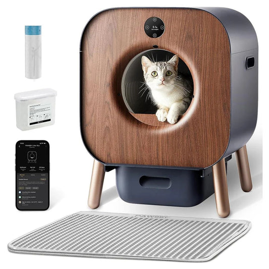 image de la Litière Autonettoyante Intelligente pour Chat – Certifiée TÜV Rheinland avec un chat dedans et les différents accessoires complémentaires