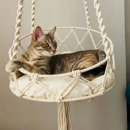 Hamac rond bohème pour chat – Lit suspendu cosy en macramé avec coussin