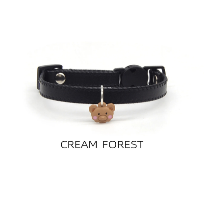 Le Cream Forest : Collier Chat en Cuir Doux – Sécurité Anti-Étranglement & Pendentif Ourson