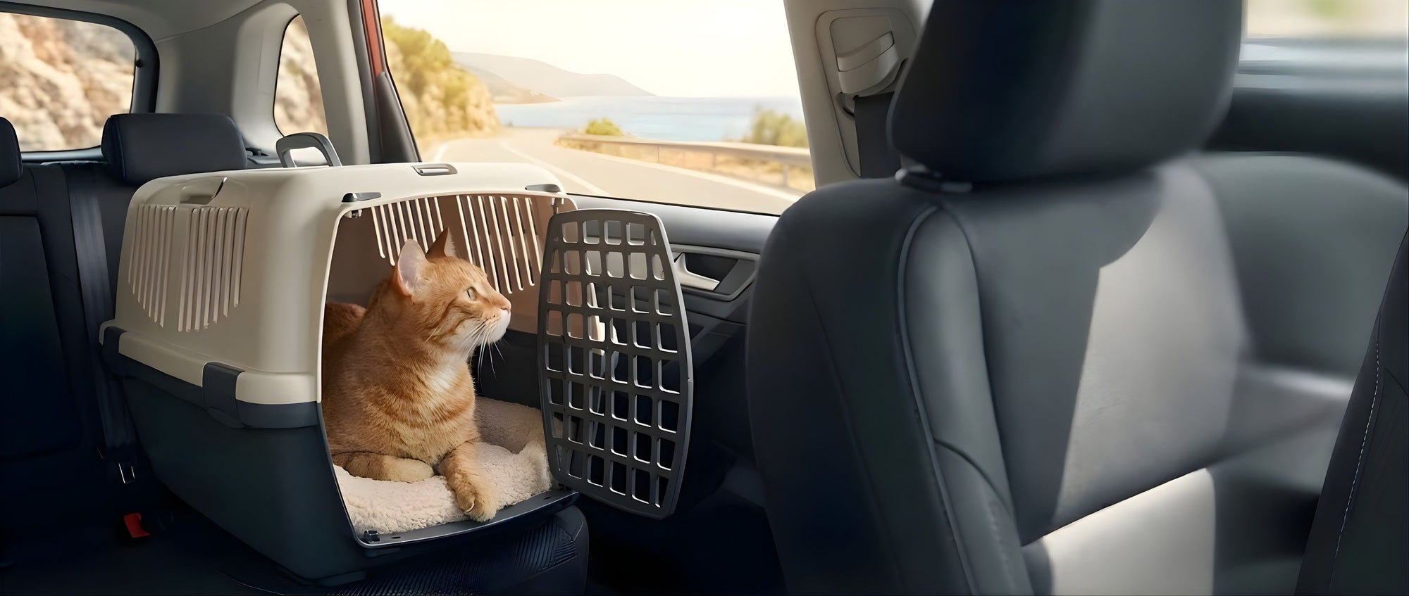 Un chat roux tigré est confortablement installé sur un coussin douillet à l'intérieur d'une caisse de transport ouverte. La cage rigide est placée en toute sécurité sur la banquette arrière d'un véhicule. Le félin observe calmement le paysage côtier par la fenêtre, illustrant un trajet en voiture apaisé et sans stress.