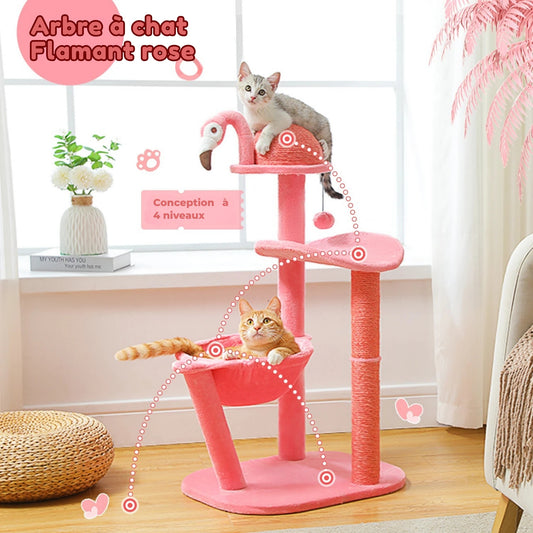 Arbre à chat flamant rose 95 cm – Tour à chat design avec hamac, griffoirs en sisal et perchoir moelleux | Les Trésors d’Owka