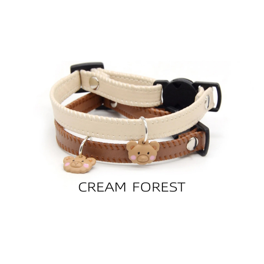 Collier en cuir pour chat “Cream Forest” – Sécurité, élégance et douceur avec pendentif ourson | Les Trésors d’Owka