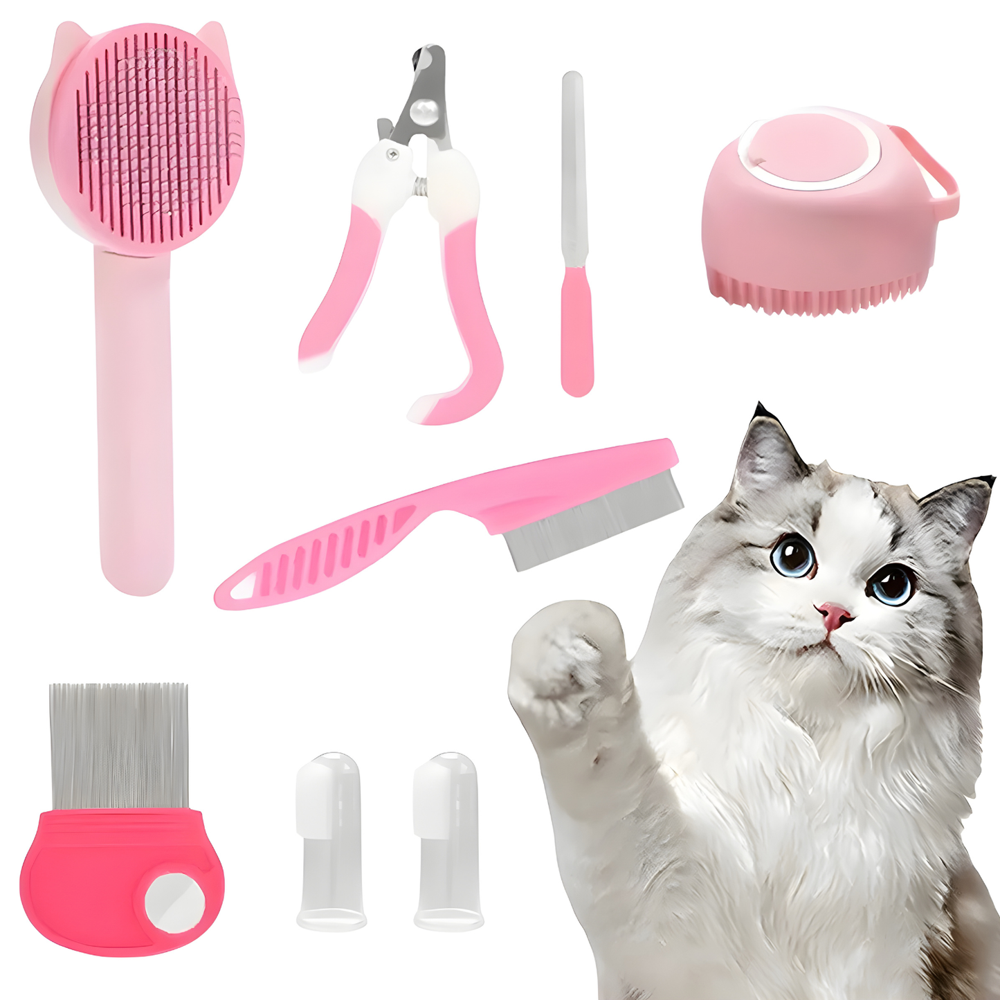 Kit de Toilettage Complet 8 en 1 pour Chats et Chiens – Coupe-Griffes, Peignes Anti-Puces, Brosse de Bain et Lime à Ongles | Les Trésors d’Owka