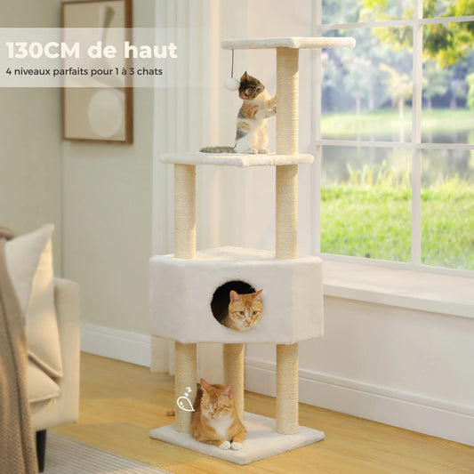 Arbre à chat beige 130 cm – Tour à chat 4 niveaux avec griffoirs en sisal naturel, maison douillette et pompon suspendu | Les Trésors d’Owka