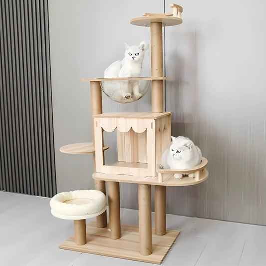 Arbre à chat design en bois avec bulle transparente – Modèles Moka, Owly & Pêche | Griffoir, condo et perchoirs pour chats d’intérieur