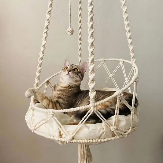 Hamac rond bohème pour chat – Lit suspendu cosy en macramé avec coussin