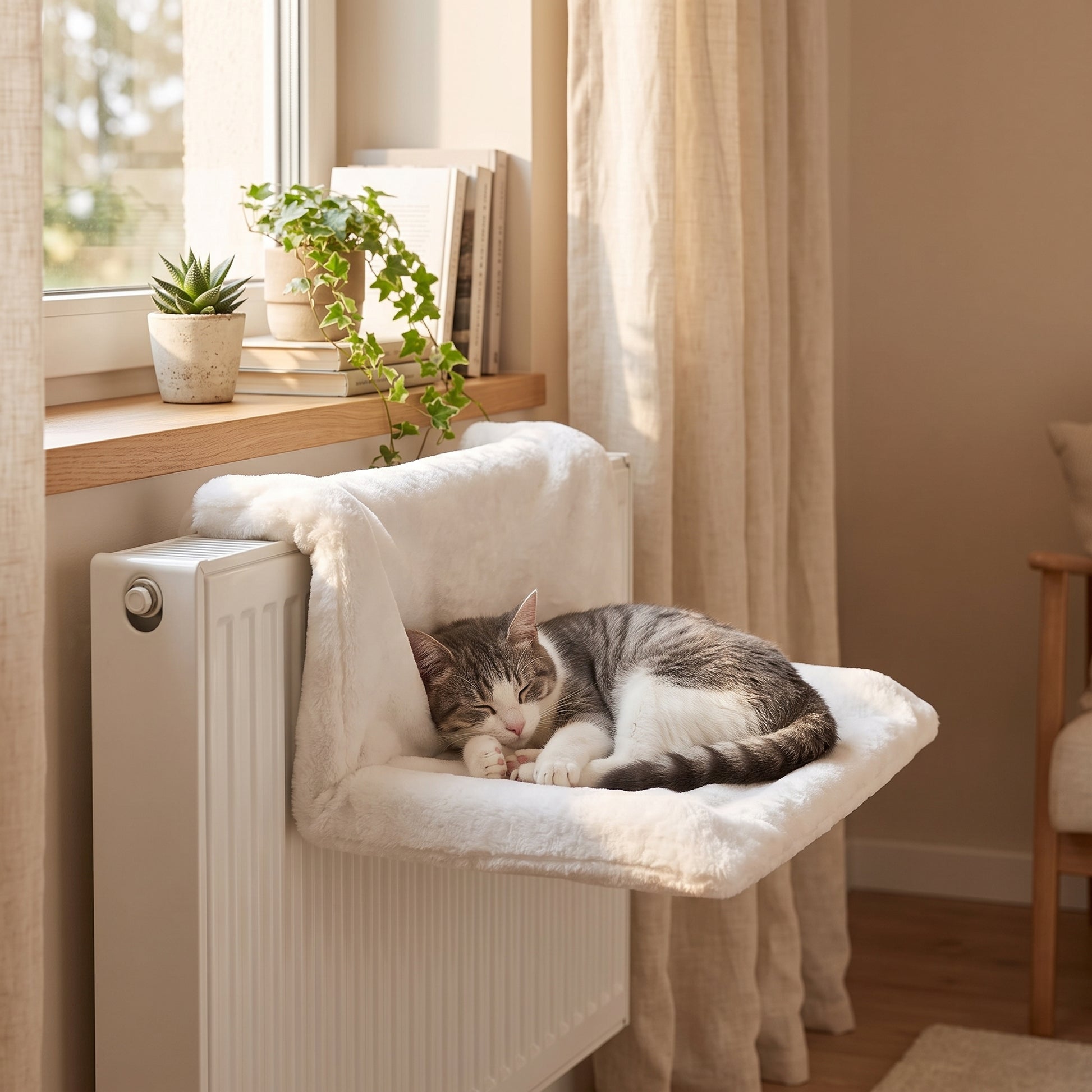 Chat installé dans un hamac de radiateur suspendu - Les Trésors d'Owka