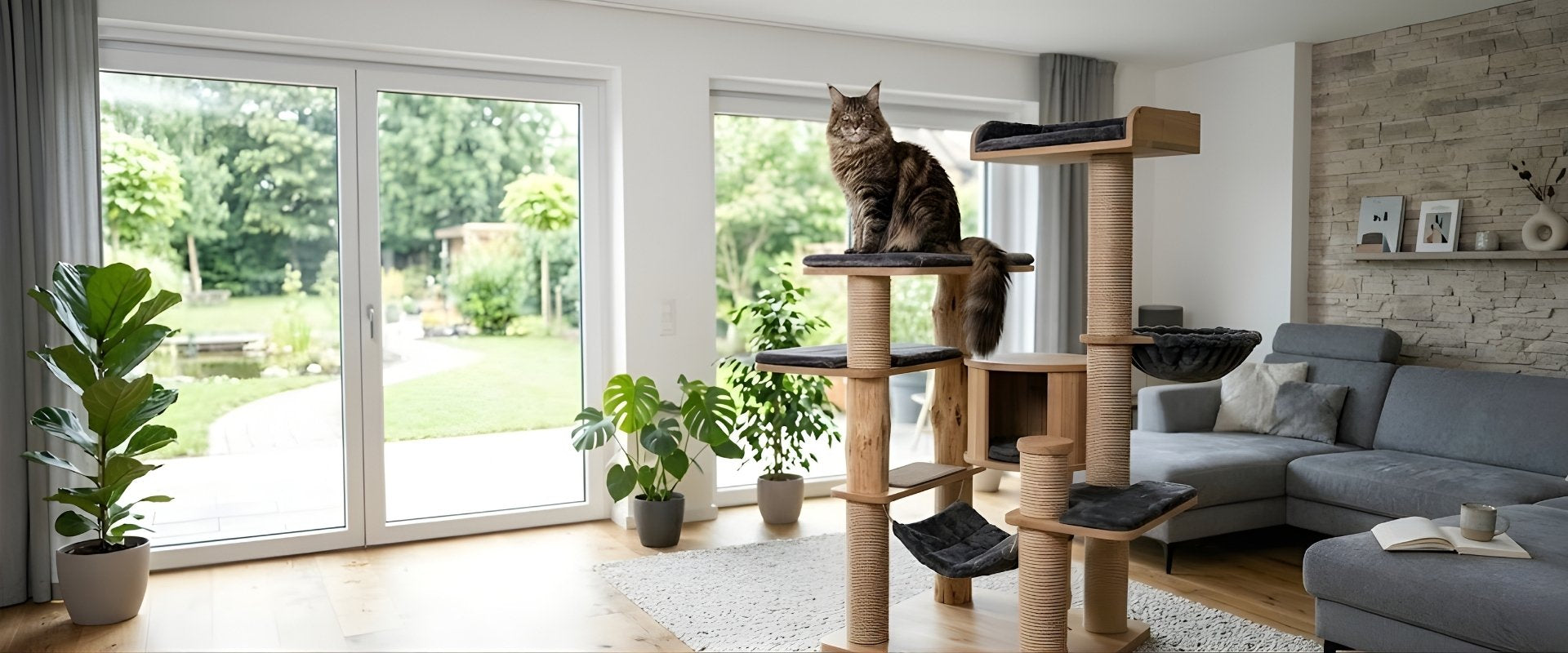 Une large photographie de style panoramique d'un grand et pelucheux chat Maine Coon tabby brun et gris, assis fièrement au sommet d'un arbre à chat multi-niveaux en bois naturel. Le chat Maine Coon, avec son pelage épais et ses oreilles touffues, regarde directement l'objectif depuis sa perche élevée. L'arbre à chat est une structure complexe faite de poteaux en bois brut (certains avec de l'écorce), enveloppés de corde de sisal, avec plusieurs plates-formes recouvertes de peluche gris foncé, un lit en pani