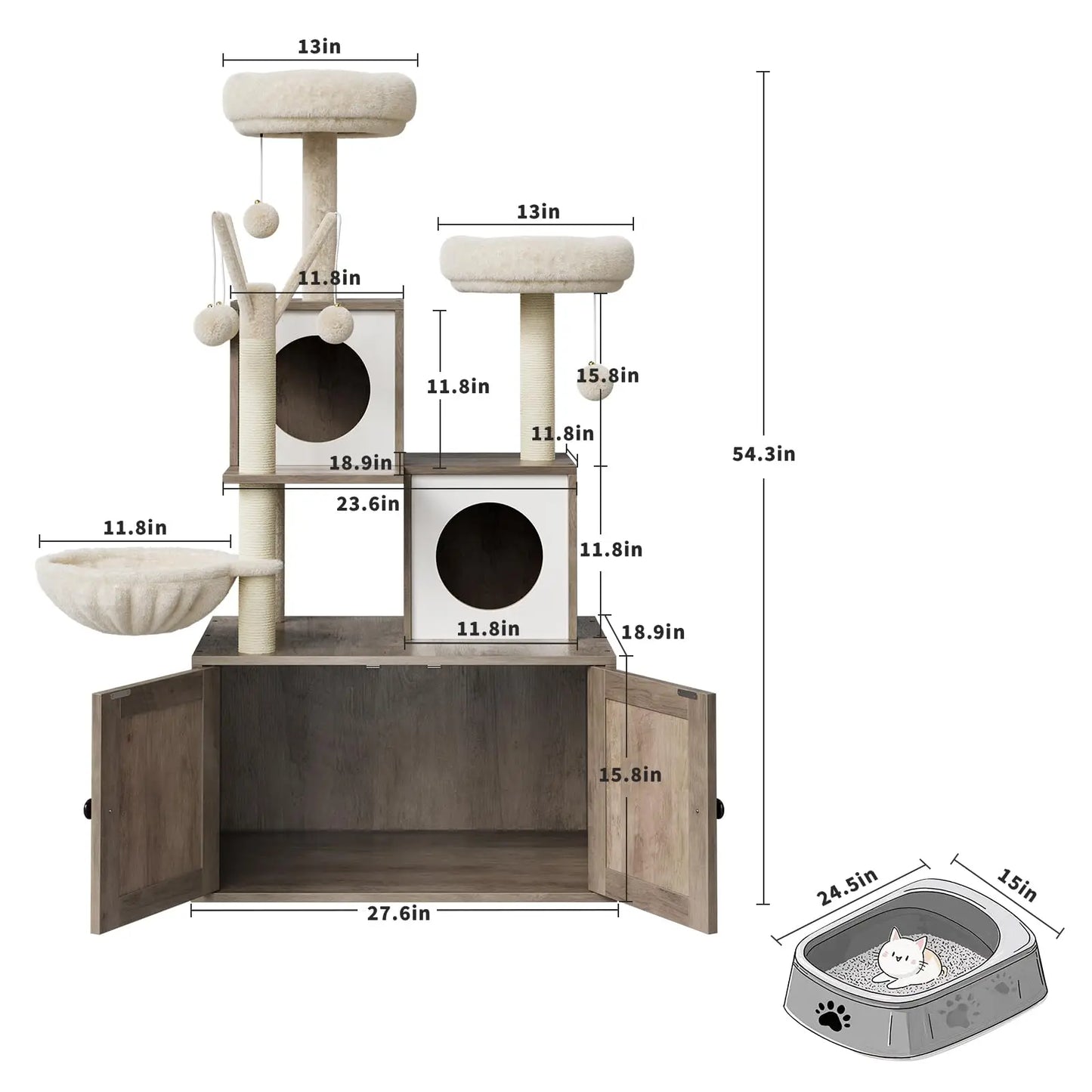 Arbre à Chat Design en Bois avec Meuble Cache-Litière Intégré