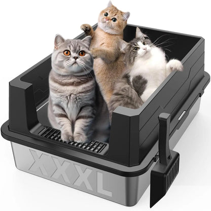 Bac à litière XL en acier inoxydable pour grands chats et foyers multi-chats - Semi-fermé, haute paroi