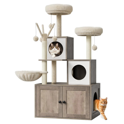 Arbre à Chat Design en Bois avec Meuble Cache-Litière Intégré