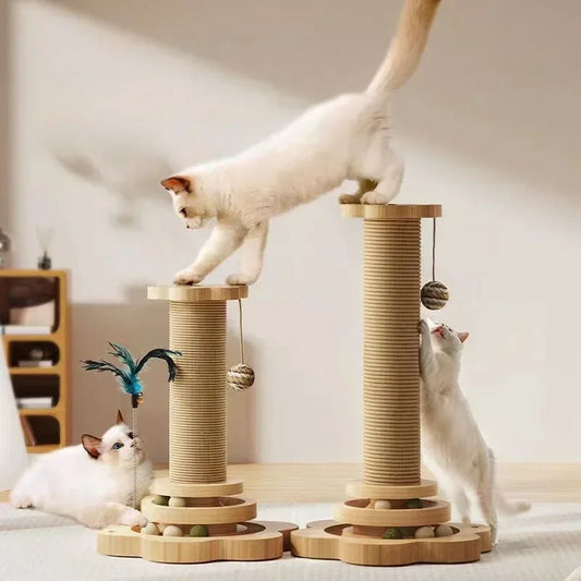 Griffoir pour chat en bois de pin naturel – Arbre à griffer design avec balles, plumes et piste de jeu | Griffoir interactif pour chaton et chat adulte