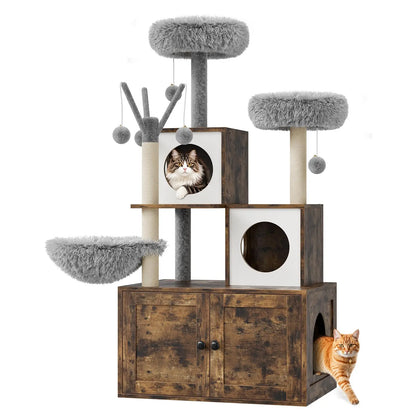 Arbre à Chat Design en Bois avec Meuble Cache-Litière Intégré