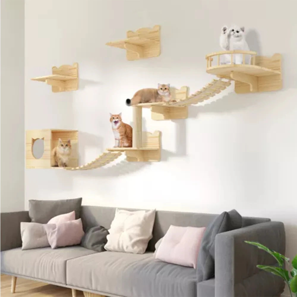 Parcours mural en bois pour chat – Aire de jeu murale avec corde d’escalade, hamac, plateformes et griffoirs – Design naturel, solide et élégant pour chats actifs et heureux