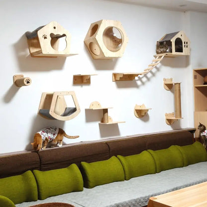 Modules muraux en bois massif pour chats – Créez un parcours félin unique et élégant | Les Trésors d’Owka