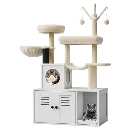 Arbre à Chat Design en Bois avec Meuble Cache-Litière Intégré