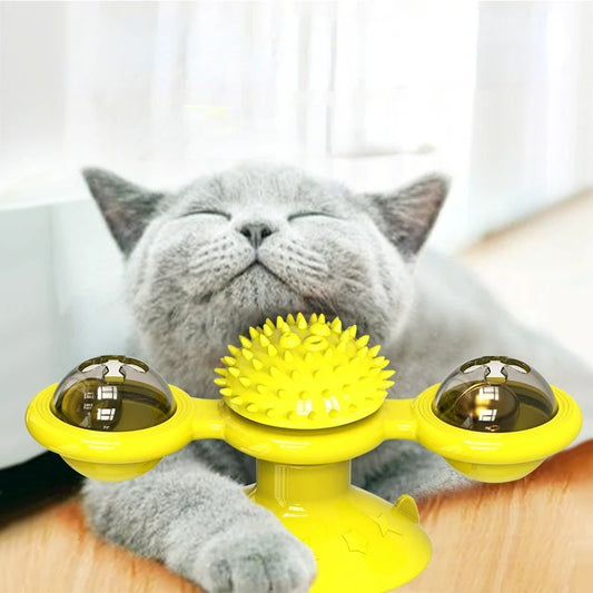 Jouet Moulin à Vent Interactif pour Chat – Stimulation, Détente & Soin Dentaire | Jouet Tournant à Ventouse avec Lumière LED & Herbe à Chat 🌿