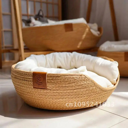 Panier Rond pour Chat en Bambou Tressé – Coussin Douillet 4 Saisons
